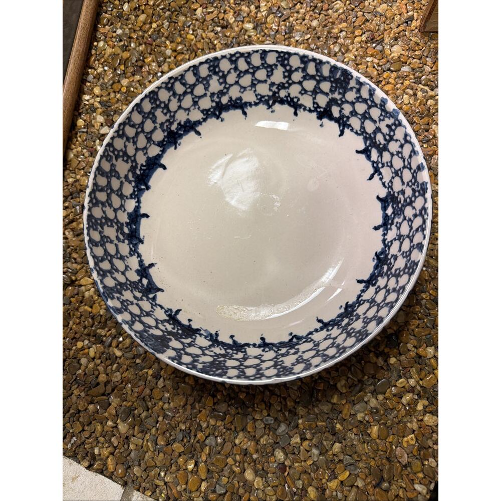 Antique Blue & White‎ Spongeware Stoneware Salt Glazed 9” Milk Bowl Crock